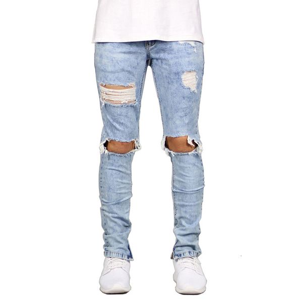 

new fashion mens biker jeans spring knee holes ripped black blue patchwork trousers stylish streetwear for men