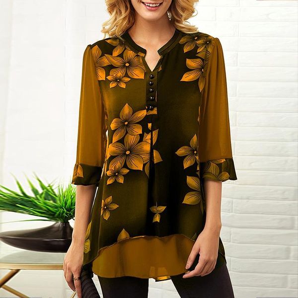 

5xl plus size womens and blouses 2020 elegant vintage floral print women's shirt irregular half sleeve female chiffon tunic1, White