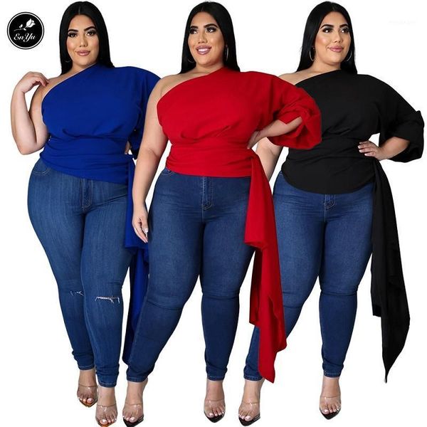 

enyu xl-5xl 2021 large size summer women solid asymmetrical one shoulder full sleeve pleated young special1, White