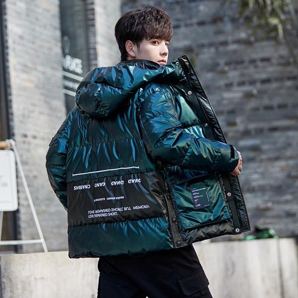 

jacket in 2020, the new men's brief paragraph add wool warm winter coat shiny with thick white duck down even the cap, Black