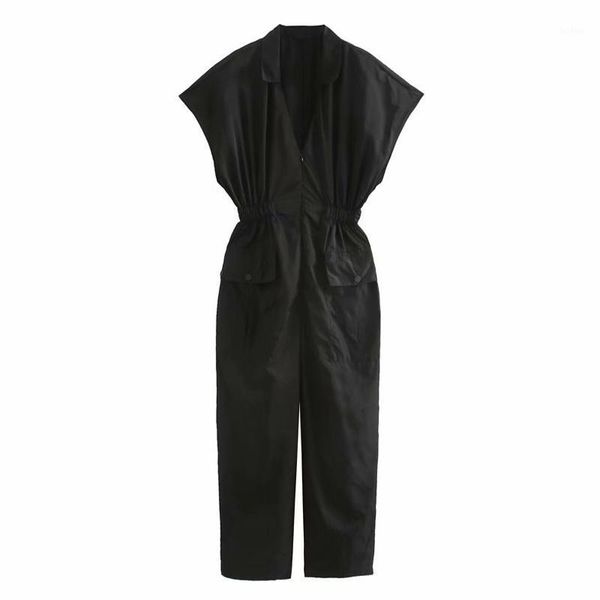

2020 new ladies fashion solid color pockets siamese holiday style ladies short sleeve stretch waist jumpsuit casual pants ozz1, Black;white