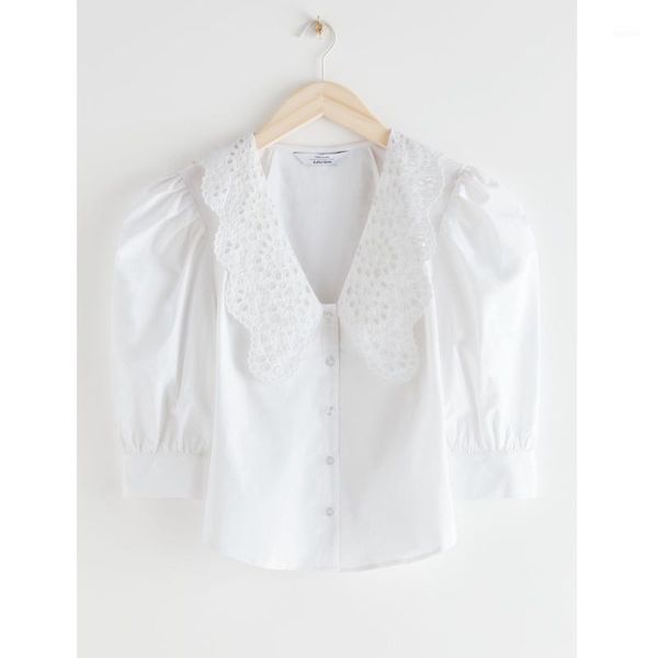 

women shirt lace collar sleeve shirt v-neck, White