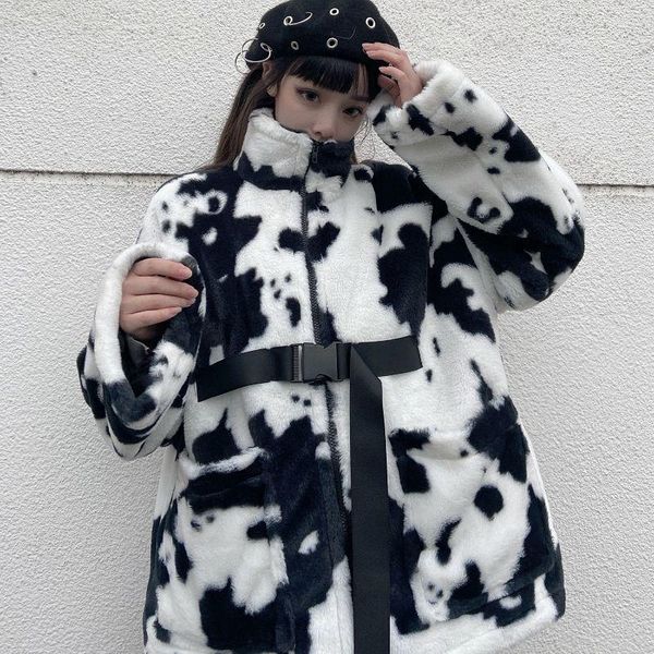 

women's down & parkas cow pattern winter padded coat patchwork big pocket parka hip hop jacket for women plush warm windbreaker streetw, Black