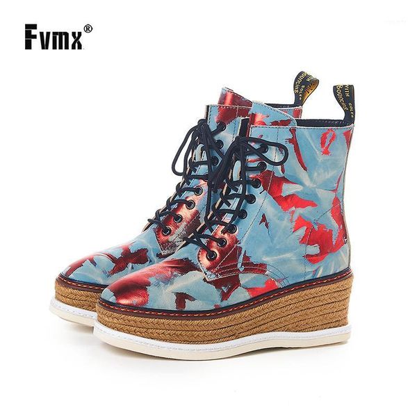 

fvmx 2020 new women retro comfortable flat heel fashion round toe girls graffiti shoes genuine leather lace up printing boots1, Black