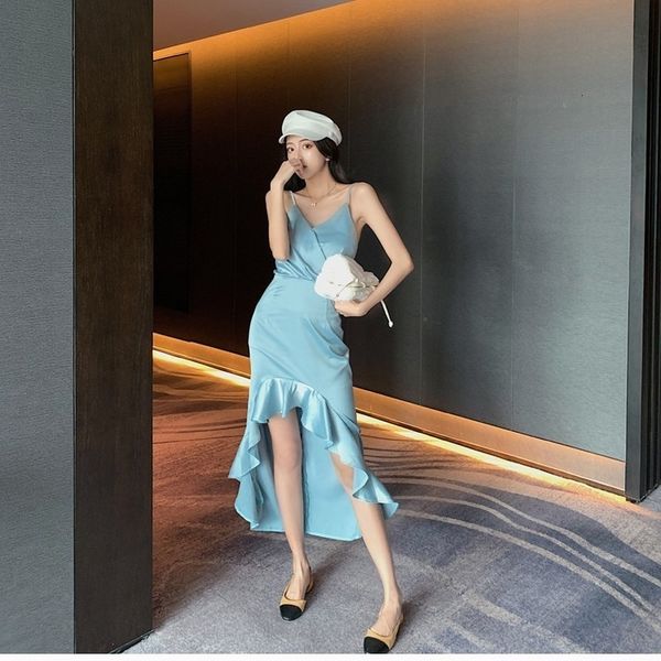 

2021 new summer with v-cleavage plied dress party women's shoulder irregular fishtail off the tight kqq6, Black;gray