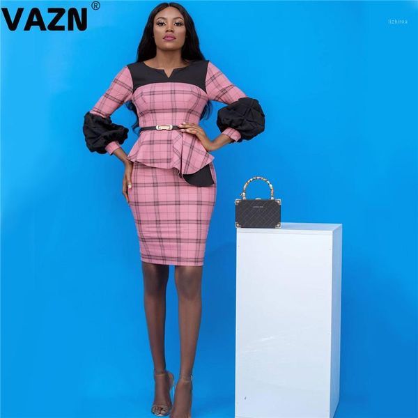 

vazn 2020 new plus size high-end classic plaid daily office sweet full sleeve women high waist thin pencil midi dress1, Black;gray