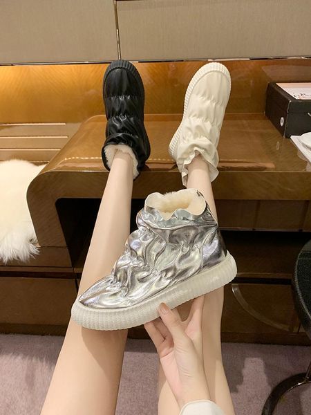 

folded down women's boots lambs wool shoes lapel snow cotton boots flat shoes short lazy women's, Black