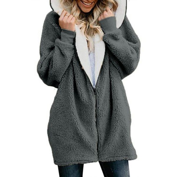 

zipper faux fur coat women 2020 autumn winter warm solid soft long fur jacket outwear plush overcoat pocket cardigan with hood, Black