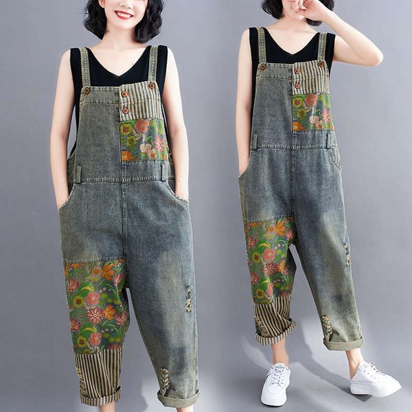 

summer thin printed suspenders 2020 new women's fashion casual loose capris, Blue