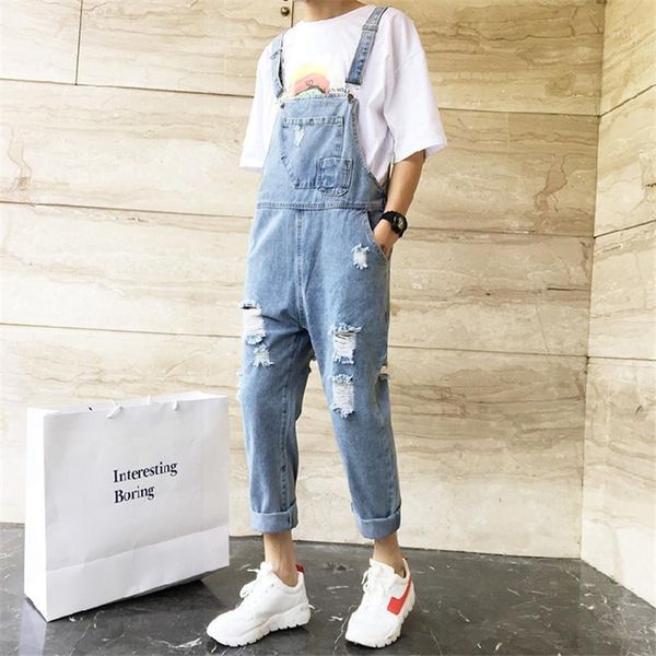 

korean fashion street style brokean hole jeans handsome boy ankle length denim overalls casual wild students jumpsuits1, Blue