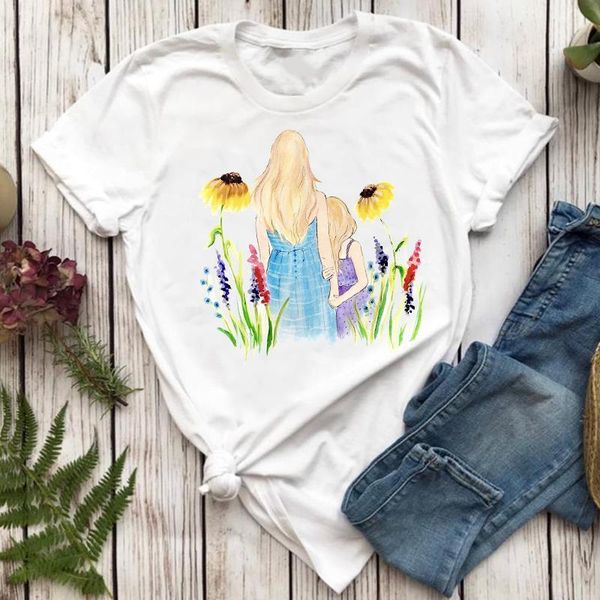 

women t-shirts watercolor girl daughter cute mom mother mama cartoon lady tshirt female ladies print graphic tee t-shirt, White