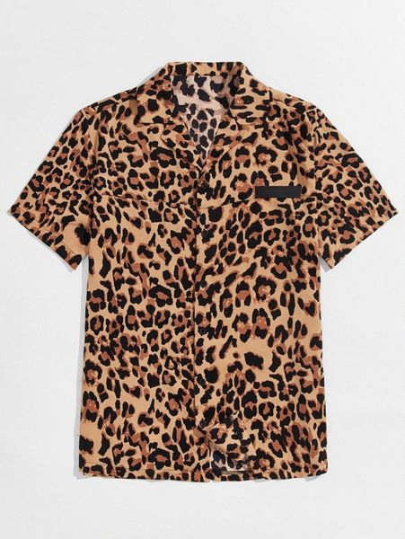 

men leopard print button front shirt h83a#, White;black