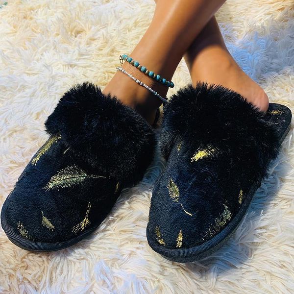 

slippers women home fur slides print 2021 winter autumn flat big size woman indoor female fashion footwear comfort shoes ladies1, Black