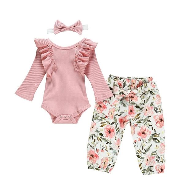 

3pcs autumn newborn baby girl clothes set pink ruffles knitted long sleeve romper floral pants headband infant clothing outfits y200803, White