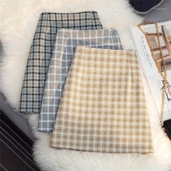 

retro plaid skirt female autumn winter new korean womens high waist a-line package hip mini skirt short skirts female1, Black