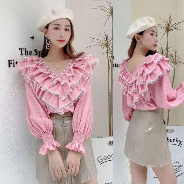 

pearls shirt female v neck ruched puff sleeve irregular white blouse women 2021 autumn fashion vintage loose clothes