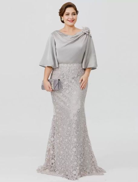 

2022 new silver elegant long mother of the bride dresses half sleeve lace mermaid wedding guest dress plus size formal evening wea2574, Black;red