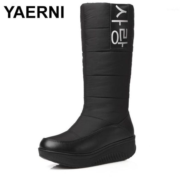 

yaerni women winter snow boots thick fur inside platform shoes woman wedges heel mid calf botas female footwear e6751, Black