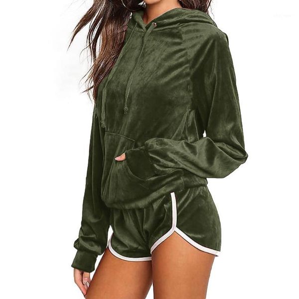 

women 2pc outfits long sleeve velvet hoodies drawstring pullover shorts tracksuit warm coat pocket decoration solid color1, Gray