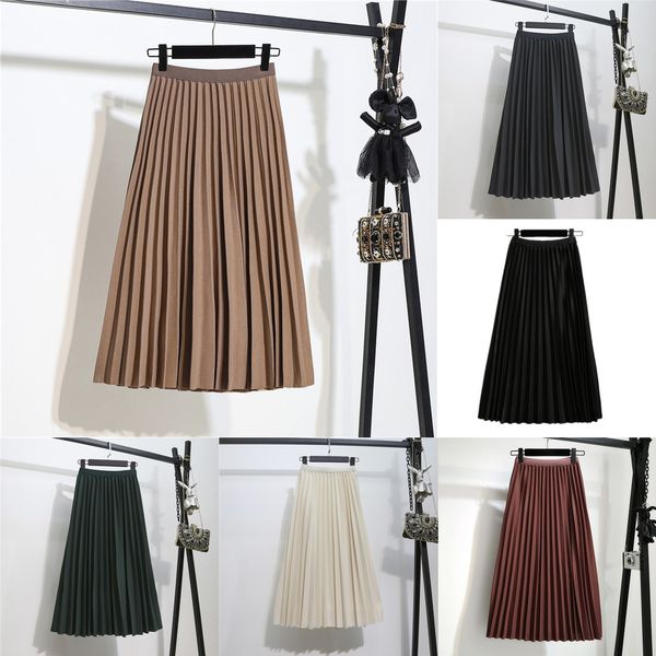 

autumn women skirt 2020 summer light classic a word thin solid color high waist retro slim pleated mid-length q1209, Black