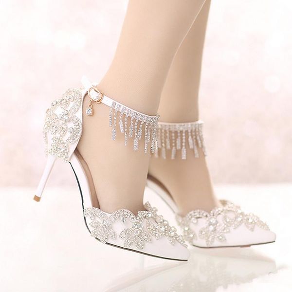 

dress shoes white pointed toe formal high heel bride with rhinestone ankle straps summer sandals party crystal, Black