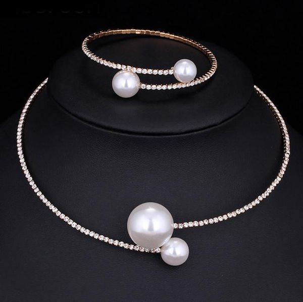 

women rhinstone choker simple design pearl necklace adjustable charm necklace with bracelet for wedding party gift, Silver