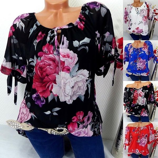 

s-5xl plus size office women short sleeve blouse vintage floral print blouses casual chiffon pullover fashion loose shirt1, White