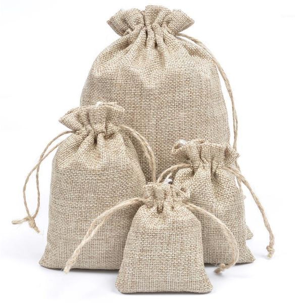 Sacos de armazenamento Natural Burlap Roupa de linho Jute Drawstring Presente Sacos Favores Favores De Embalagem Saco De Casamento Doce Fontes