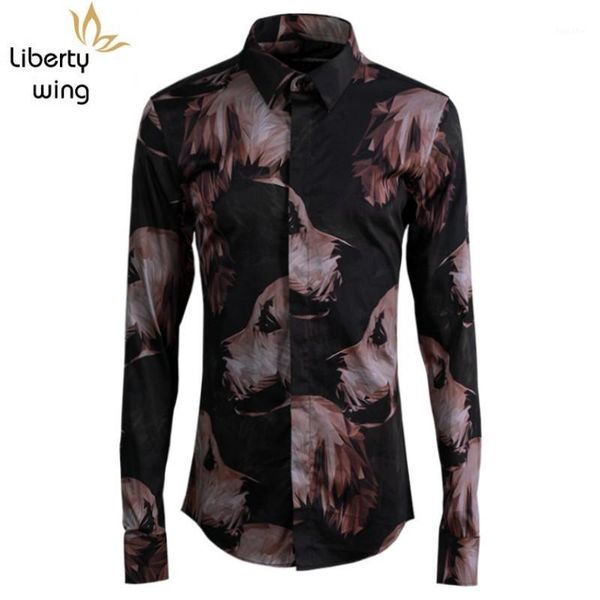 

2020 new fashion cartoon dog printing men shirts slim 100% cotton autumn long sleeve casual man square collar brand shirt1, White;black