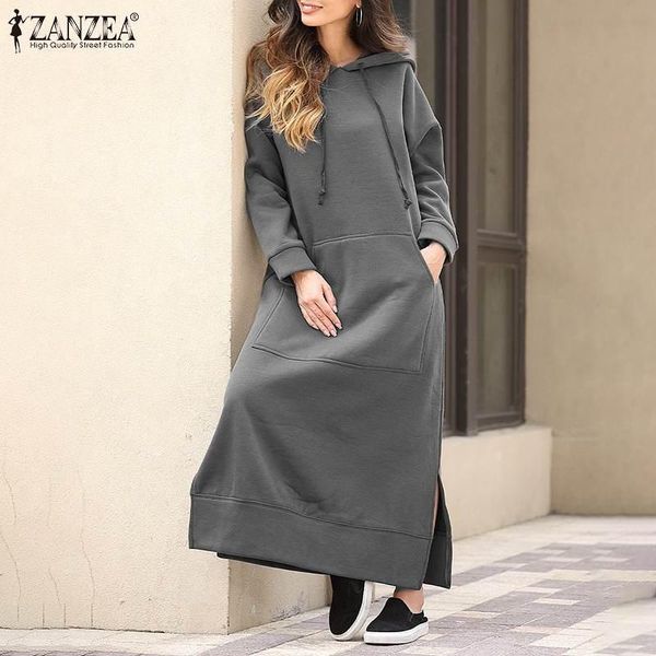 

мода толстовка платье женщин осень длинные sundress zanzea с капюшоном с длинным рукавом split хем vestidos толстовки пуловеры robe femme 7, Black;gray