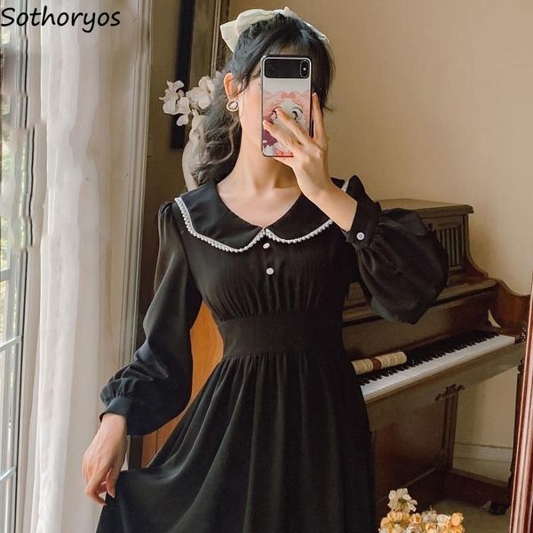 

women long sleeve dress peter pan collar lace button pleated slim sweet retro fashion zipper elegant japanese style mature chic y0118, Black;gray