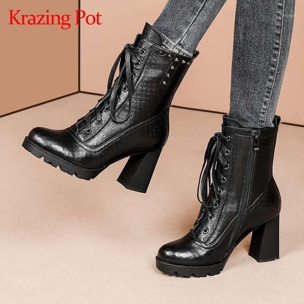 

boots krazing pot limited customization sheep leather round toe high heel mature lady elegant classic colors winter mid-calf l901, Black