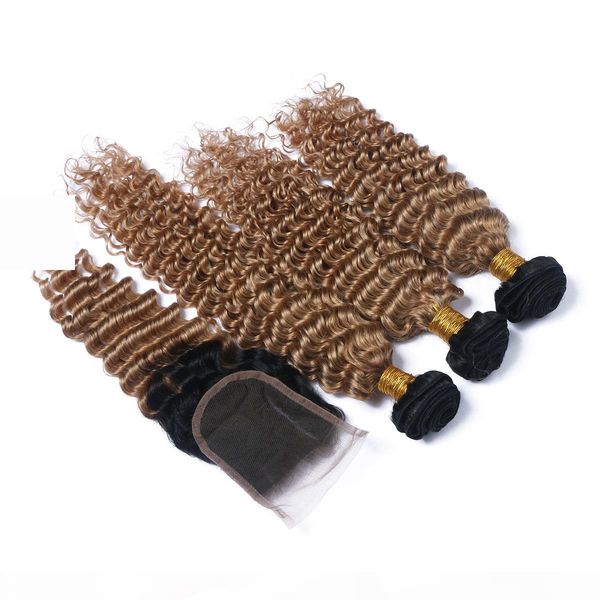 

deep wave 1b 27 honey blonde ombre peruvian virgin hair weave with lace closure light brown ombre 4x4 lace closure with 3bundles, Black