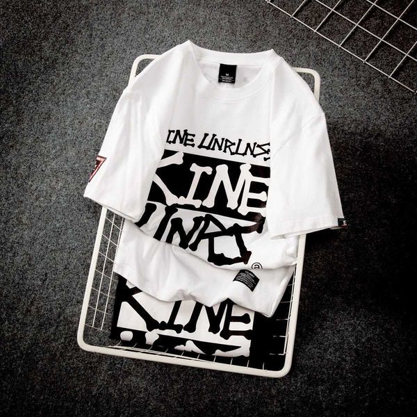 

summer brand round neck short t-shirt men's loose large size hip hop half sleeve korean fashion clothes, White;black