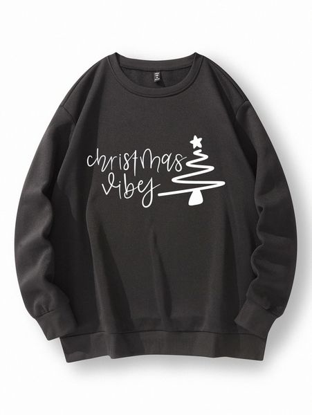 

plus christmas tree & letter graphic thermal pullover f8br#, Black