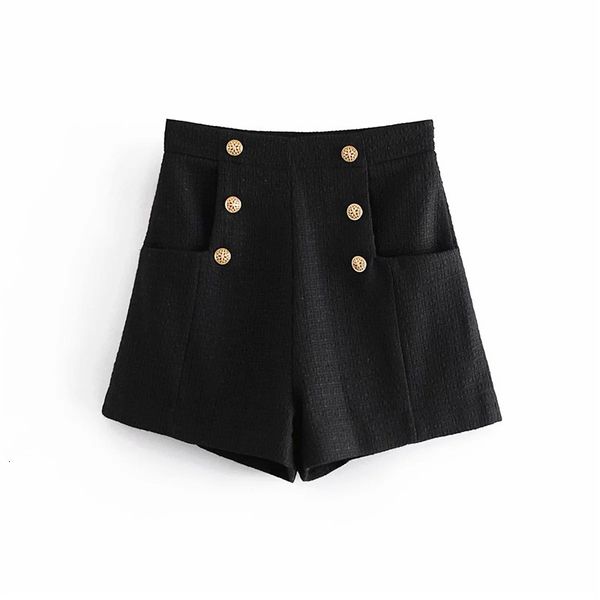 

2021 new textured black winter high waisted women vintage wide leg a-line shorts metal button ladies elegant short i62x, White;black