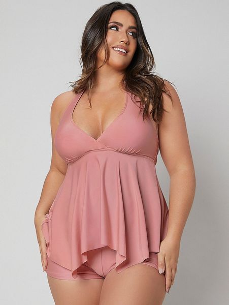 

plus asymmetrical hem halter swim dress with shorts c52a#, Black
