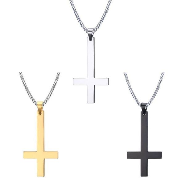 

chains dainty stainless steel upside down cross necklace for men inverted pendant with chain fashion jewelry 3 colors, Silver