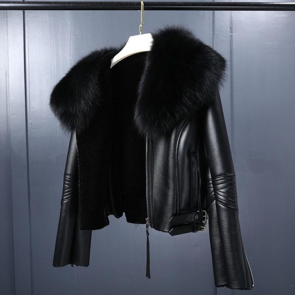 

women thickening fur collar warm coats turn-down collar winter motorcycle faux leather jackets long sleeve faux fur jackets1, Black