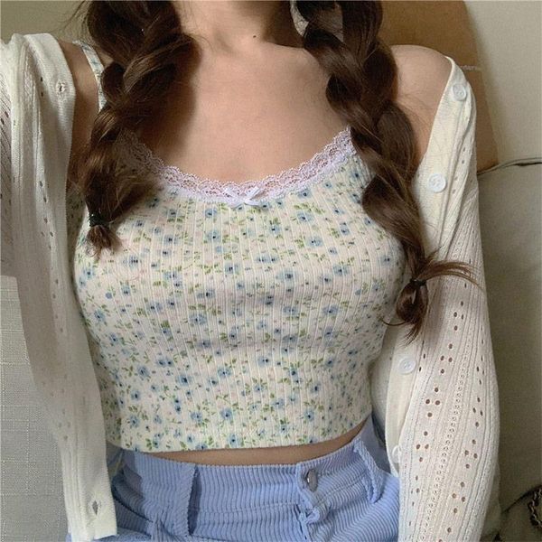 

fashion spaghetti straps women camis streetwear slim women's crop sleeveless blue green floral print female tank top, White