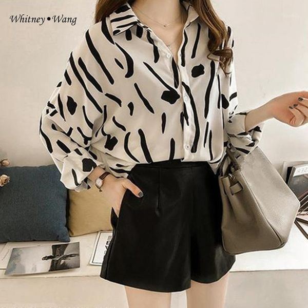 

whitney wang blouses woman 2019 summer fashion streetwear printed oversize chiffon blouse women plus size blusas shirt 1, White