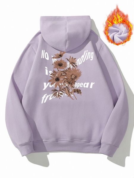 

men slogan & floral print kangaroo pocket drawstring thermal hoodie p5xl#, Black