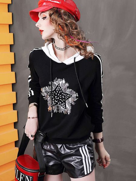 

fall / winter 2020 new plush hoodie european sequin heavy industry long sleeve junior women c499, Black
