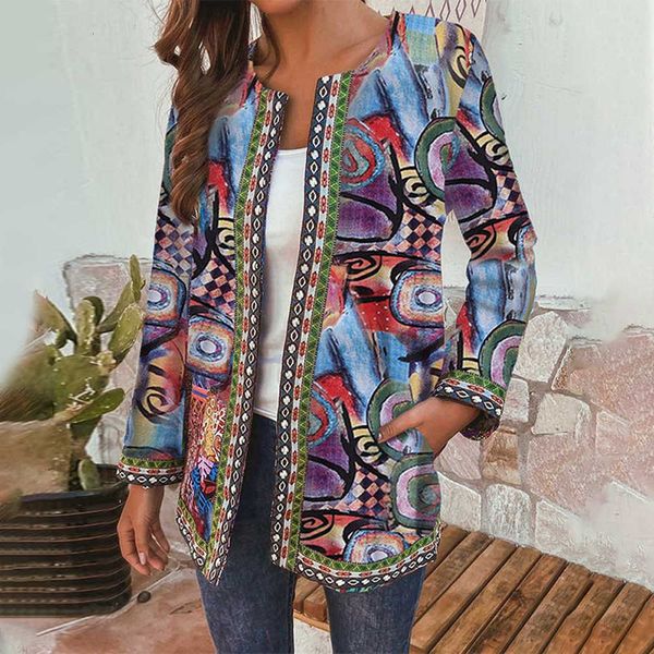 

ethnic vintage printed jacket o neck thin coats women's retro boho jackets casual long sleeve slim fit ladies coat 2020 new, Black;brown