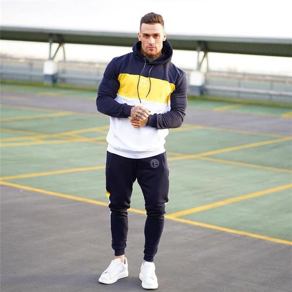 

2 pieces set long sleeve stand collar sweatshirt sports set gyms clothes men sport suit training men sports wear hoodies+pants, Gray