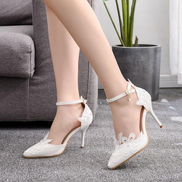 

9 cm high heels white lace flower wedding shoes stiletto pointed evening party womens shoes temperament elegant bridesmaid pumps, Black