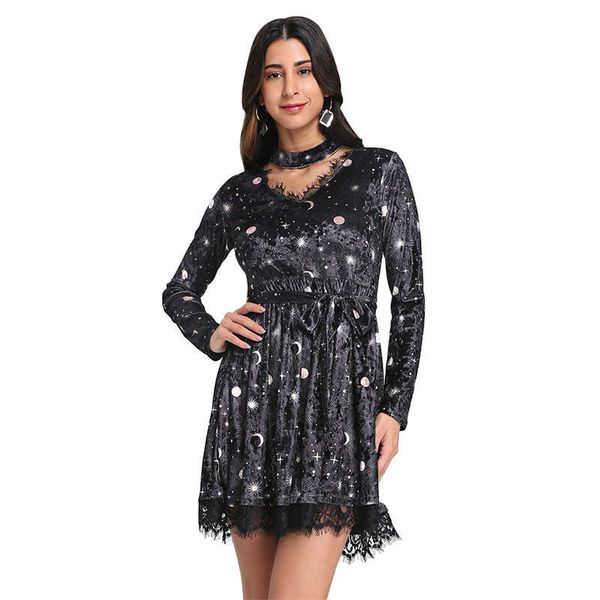 

bkmgc autumn winter new fashion print dress lace ruffle, Black;gray