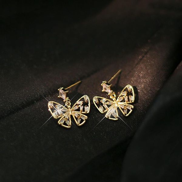 

stud factory exquisite butterfly needle earring inlaid zircon temperament niche design sense eardrop dangler women, Golden;silver