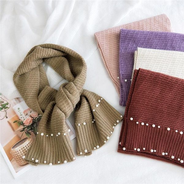 

scarves autumn winter double-row pearl knitted wool scarf solid color for women warm female neckerchief, Blue;gray