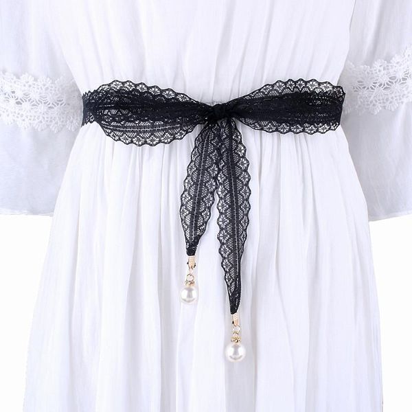 

laides fashion hollow girdle pearl lace belts for women long waist knot rope female dresses decorated narrow ribbon black, Black;brown